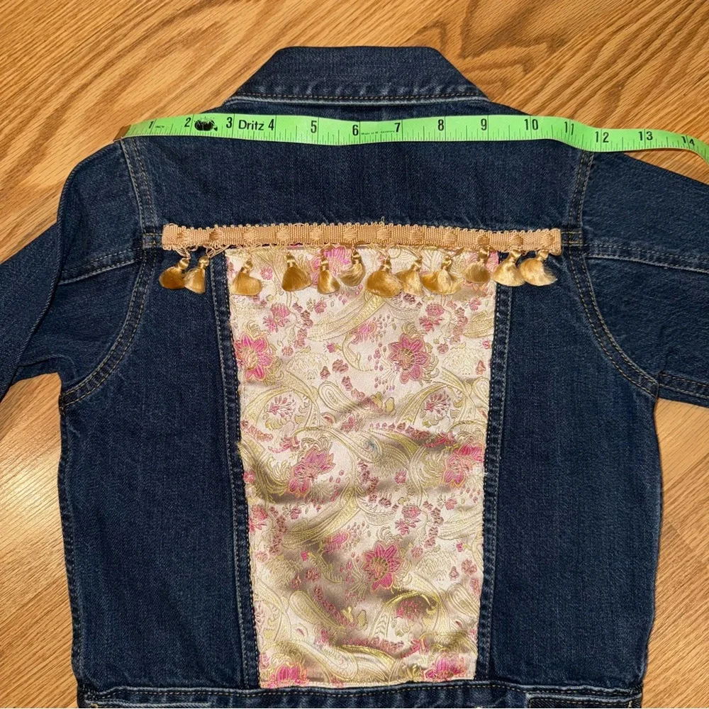 OshKosh B'gosh‎ Upcycled Dark Blue Jean Jacket with Pink Brocade Detail
